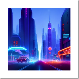 Ai Generated Art Scenery - Futuristic City Street With Cars And Neon Lighting Posters and Art